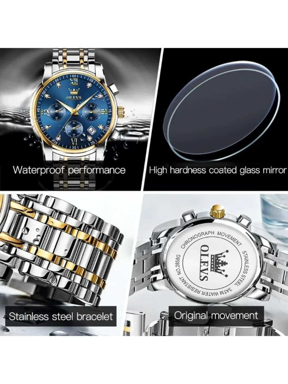 Olevs Men Silver Gold Multifunction Blue Face Waterproof Chronograph Wrist Watch